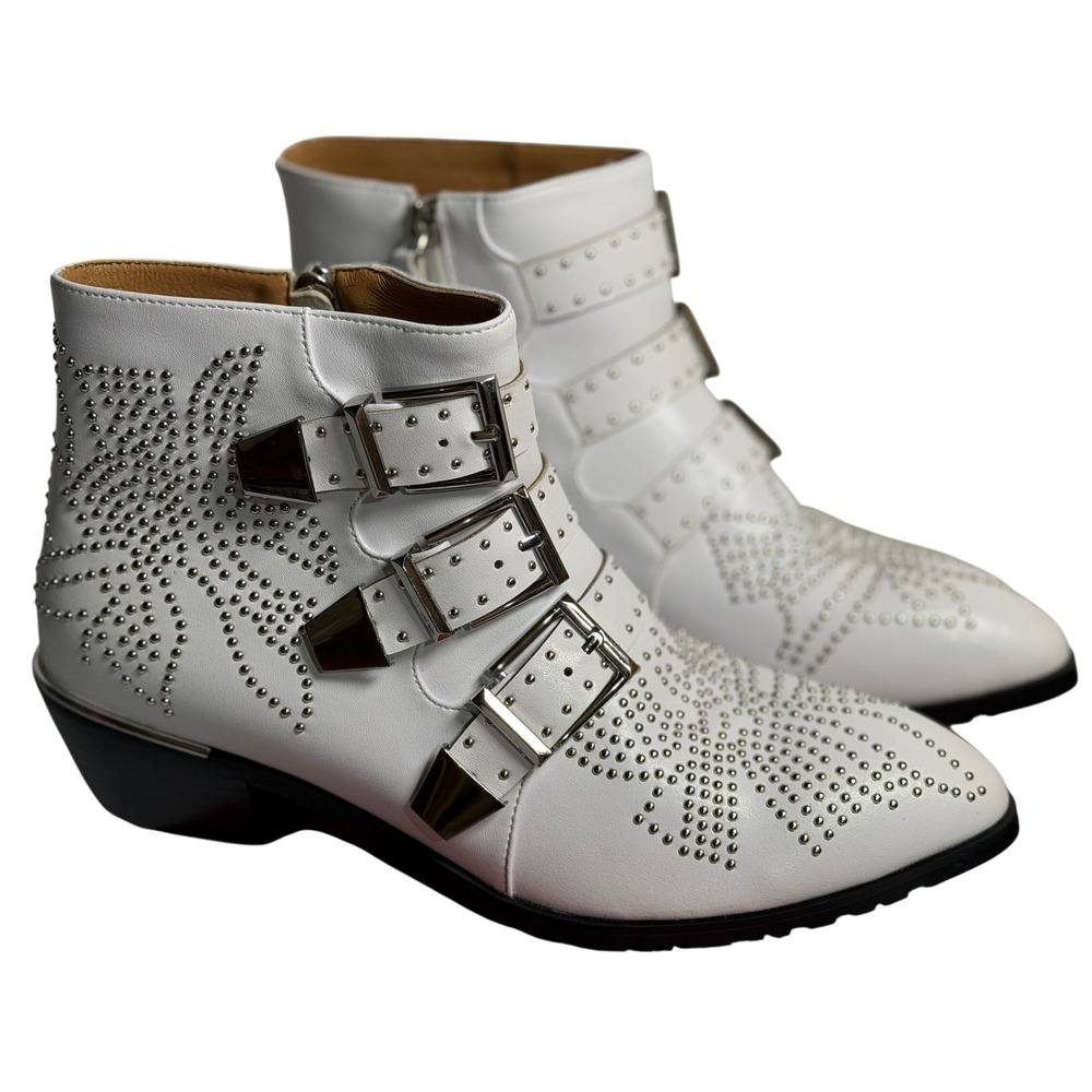 Yolanda Bootie‎ White Silver Studded Triple Buckle Pointed Toe Ankle Boots 7.5